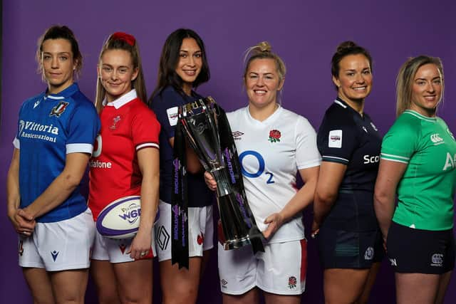 Elisa Giordano, Italy captain, Hannah Jones, Wales captain, Manae Feleu, France captain, Marlie Packer, England captain, Rachel Malcolm, Scotland captain and Edel McMahon, the Ireland captain pose with the Six Nations trophy during Guinness Women's Six Nations Launch 2024 at held Frameless on March 13, 2024 in London, England. (Photo by David Rogers/Getty Images)