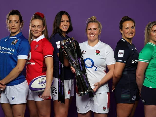 Elisa Giordano, Italy captain, Hannah Jones, Wales captain, Manae Feleu, France captain, Marlie Packer, England captain, Rachel Malcolm, Scotland captain and Edel McMahon, the Ireland captain pose with the Six Nations trophy during Guinness Women's Six Nations Launch 2024 at held Frameless on March 13, 2024 in London, England. (Photo by David Rogers/Getty Images)