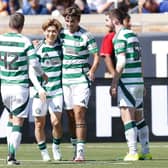 Celtic players celebrate Kyogo Furuhashi's opener against Chelsea at Notre Dame Stadium in South Bend, Indiana, on July 27, 2024. (Photo by KAMIL KRZACZYNSKI/AFP via Getty Images)
