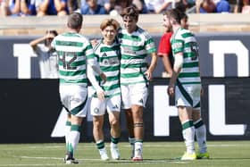 Celtic players celebrate Kyogo Furuhashi's opener against Chelsea at Notre Dame Stadium in South Bend, Indiana, on July 27, 2024. (Photo by KAMIL KRZACZYNSKI/AFP via Getty Images)
