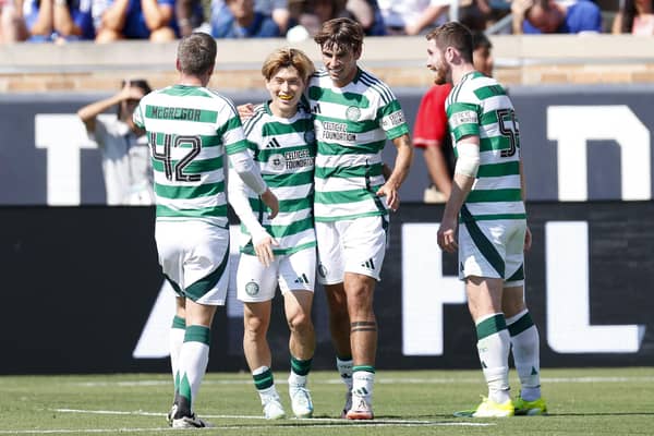 Celtic players celebrate Kyogo Furuhashi's opener against Chelsea at Notre Dame Stadium in South Bend, Indiana, on July 27, 2024. (Photo by KAMIL KRZACZYNSKI/AFP via Getty Images)