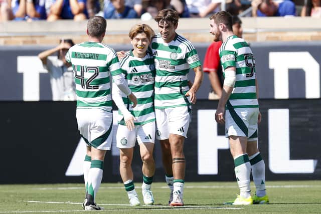Celtic players celebrate Kyogo Furuhashi's opener against Chelsea at Notre Dame Stadium in South Bend, Indiana, on July 27, 2024. (Photo by KAMIL KRZACZYNSKI/AFP via Getty Images)