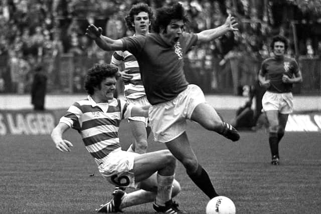 Going in hard on Rangers' Johnny Hamilton in the 1977 Scottish Cup final which Celtic won.
