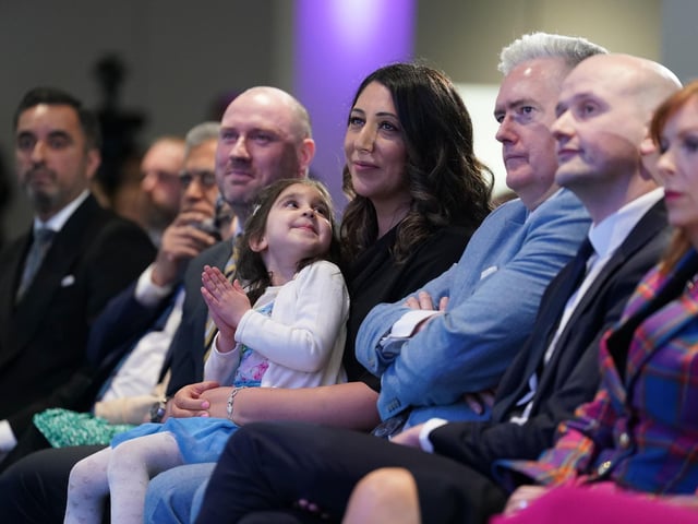 Humza Yousaf's wife Nadia El-Nakla listens to him speaking at Murrayfield