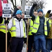 Train drivers on the picket line outside Alstom 's Polmadie Depot in Glasgow. Picture: John Devlin