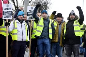Train drivers on the picket line outside Alstom 's Polmadie Depot in Glasgow. Picture: John Devlin
