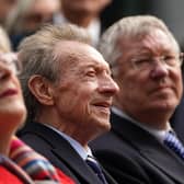 Diana Law, Denis Law (centre) and Sir Alex Ferguson (right) during an unveiling of his statue in Marischal Square, Aberdeen.
