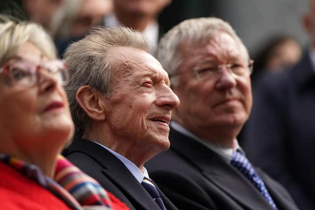 Diana Law, Denis Law (centre) and Sir Alex Ferguson (right) during an unveiling of his statue in Marischal Square, Aberdeen.