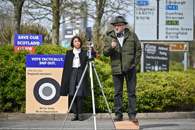 George Galloway, leader of the All For Unity Party, campaigns during the Scottish Parliament election with a speech at the Gretna Gateway Outlet. Picture: Jeff J Mitchell/Getty Images