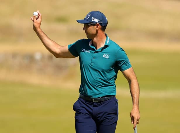 Cameron Tringale aves to the crowd on the 18th during the opening round of the Genesis Scottish Open at The Renaissance Club. Picture: Kevin C. Cox/Getty Images.