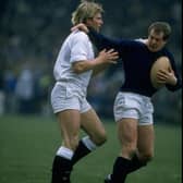 Colin Deans jostles with Peter Winterbottom of England during the 1986 Calcutta Cup match at Murrayfield. Scotland won 33-6.