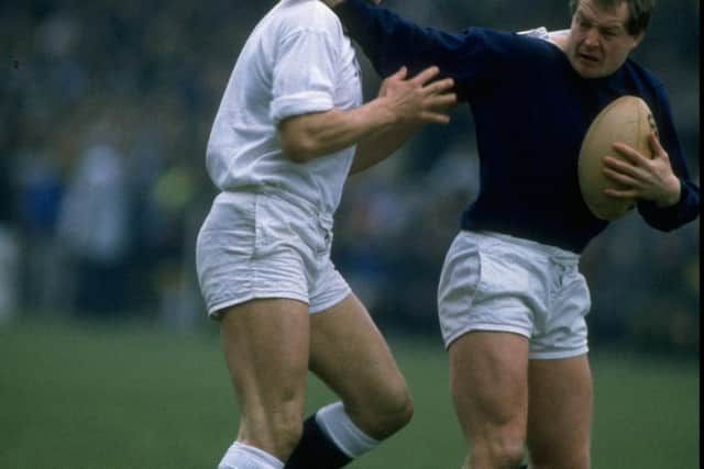 Colin Deans jostles with Peter Winterbottom of England during the 1986 Calcutta Cup match at Murrayfield. Scotland won 33-6.