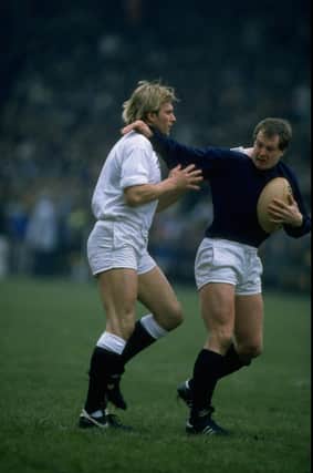 Colin Deans jostles with Peter Winterbottom of England during the 1986 Calcutta Cup match at Murrayfield. Scotland won 33-6.