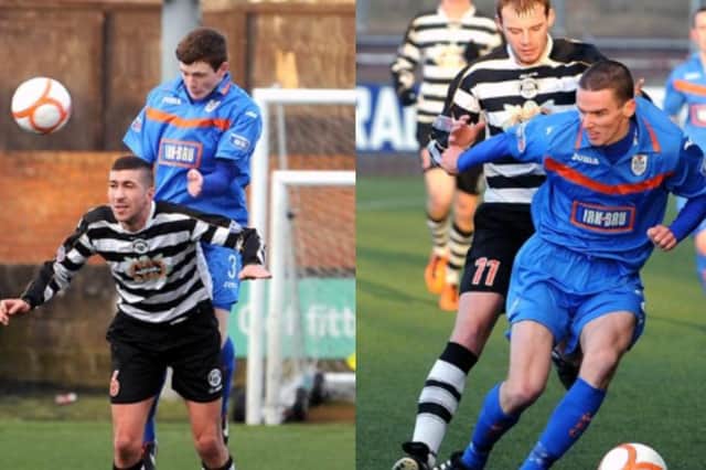 Andrew Robertson outjumps East Stirlingshire's Michael Hunter in 2013 (left) while Paul McGinn is on the ball for Queen's Park in the same game. Pictures: Lisa McPhillips