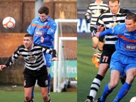 Andrew Robertson outjumps East Stirlingshire's Michael Hunter in 2013 (left) while Paul McGinn is on the ball for Queen's Park in the same game. Pictures: Lisa McPhillips