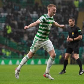 Celtic's Liam Scales celebrates making it 1-0 against Raith Rovers. (Photo by Craig Foy / SNS Group)