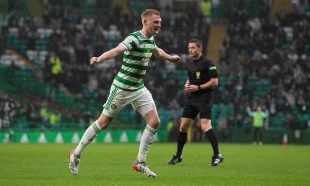 Celtic's Liam Scales celebrates making it 1-0 against Raith Rovers. (Photo by Craig Foy / SNS Group)