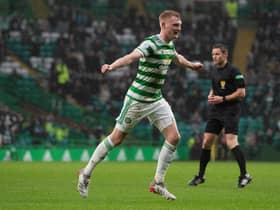 Celtic's Liam Scales celebrates making it 1-0 against Raith Rovers. (Photo by Craig Foy / SNS Group)