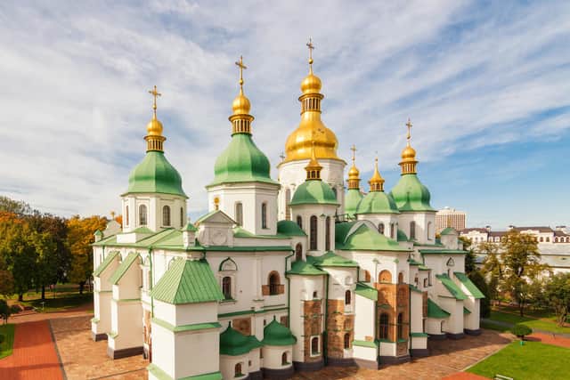 St Sophia Cathedral in Kyiv, which is considered particularly vulnerable by UNESCO. The cathedral dates to the 11th Century and is one of the few surviving buildings of the Kievan Rus era, the Orthodox medieval state which Putin believes is root of shared origin of Ukrainians and Russians. PIC: Roman Brechko/CC