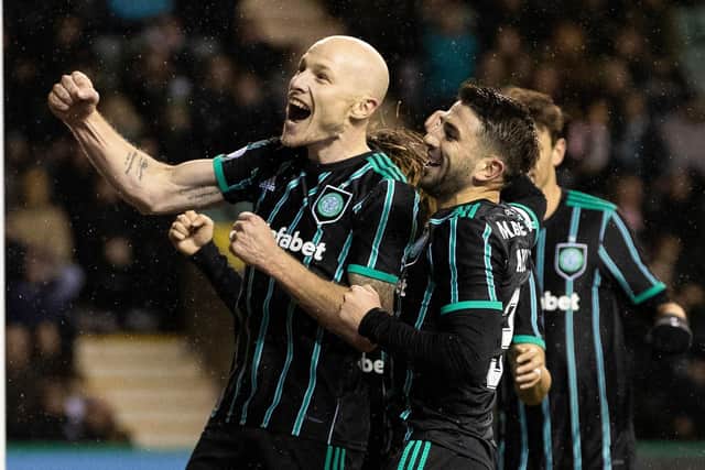 Aaron Mooy celebrates after putting Celtic 3-0 against Hibs at Easter Road.  (Photo by Alan Harvey / SNS Group)