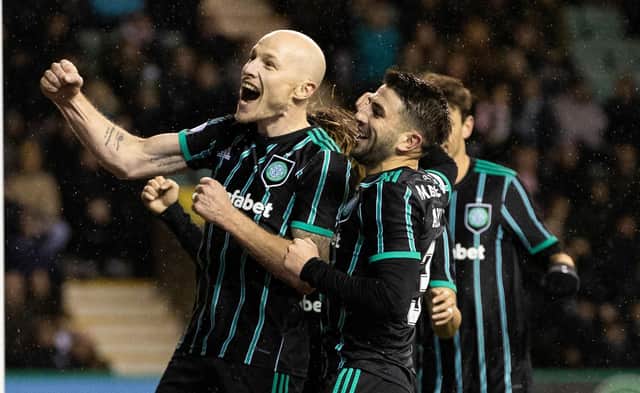 Aaron Mooy celebrates after putting Celtic 3-0 against Hibs at Easter Road.  (Photo by Alan Harvey / SNS Group)