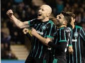 Aaron Mooy celebrates after putting Celtic 3-0 against Hibs at Easter Road.  (Photo by Alan Harvey / SNS Group)
