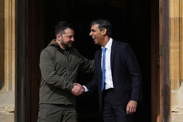 Prime minister Rishi Sunak shakes hands with Ukraine's president, Volodymyr Zelenskyy, as he greets him on his arrival at Chequers.