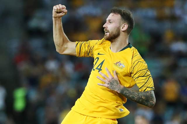 Australia's Martin Boyle celebrates scoring against Lebanon during their international friendly football match in Sydney on November 20, 2018. (Photo by DAVID MOIR / AFP via Getty Images