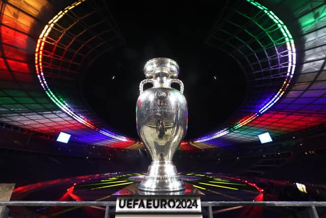 The European Championship trophy pictured during the UEFA Euro 2024 brand launch at the Olympiastadion in Berlin, Germany. (Photo by Alexander Hassenstein/Getty Images for DFB)