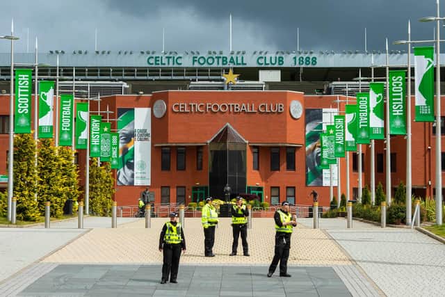 Police officers have been stationed outside Celtic Park this afternoon as the club warns fans against congregating at the stadium to celebrate their ninth title in a row. Pic: SNS Group