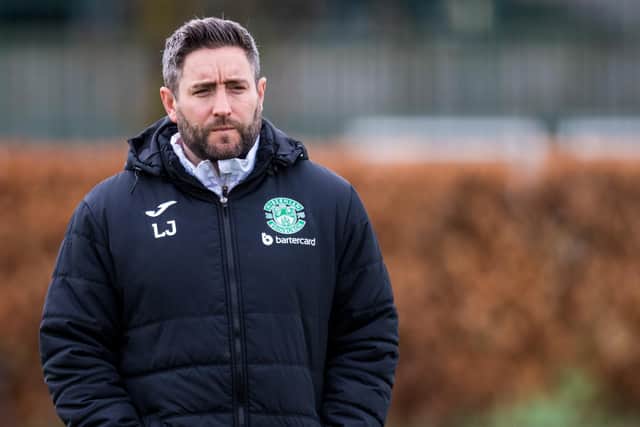 Lee Johnson during a Hibs training session on Wednesday. (Photo by Ross Parker / SNS Group)