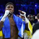 Anthony Joshua speaks to the crowd after losing the World Heavyweight Championship WBA Super IBF, IBO and WBO fight  at the King Abdullah Sport City Stadium in Jeddah