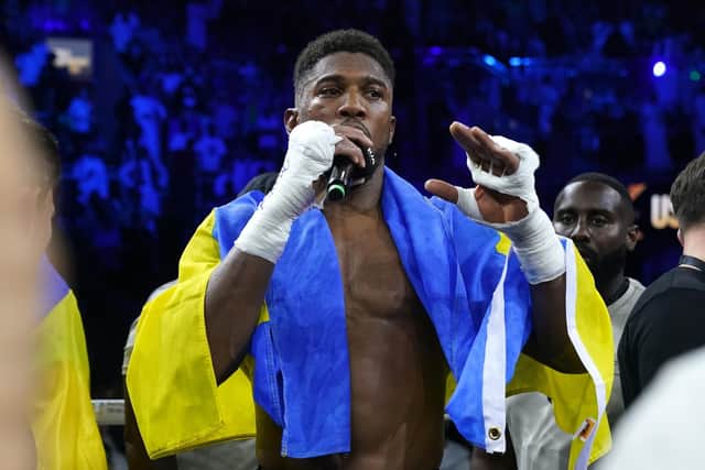 Anthony Joshua speaks to the crowd after losing the World Heavyweight Championship WBA Super IBF, IBO and WBO fight at the King Abdullah Sport City Stadium in Jeddah