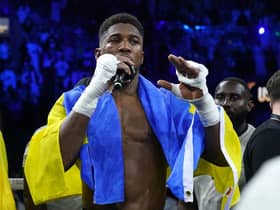 Anthony Joshua speaks to the crowd after losing the World Heavyweight Championship WBA Super IBF, IBO and WBO fight  at the King Abdullah Sport City Stadium in Jeddah