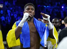 Anthony Joshua speaks to the crowd after losing the World Heavyweight Championship WBA Super IBF, IBO and WBO fight  at the King Abdullah Sport City Stadium in Jeddah