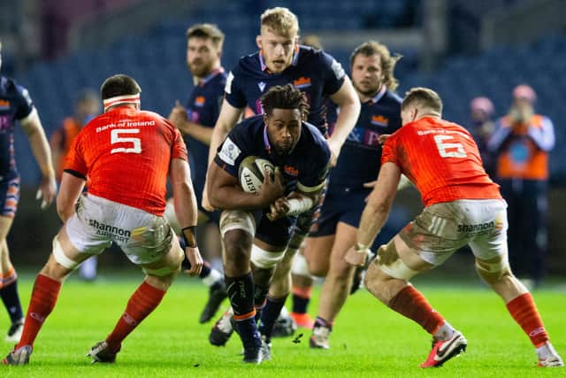Edinburgh's Bill Mata tries to find a way through against Munster. Picture: Bruce White/SNS