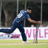 Scotland's Safyaan Sharif in action against Zimbabwe.