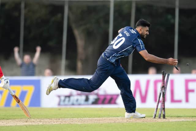 Scotland's Safyaan Sharif in action against Zimbabwe.