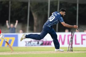 Scotland's Safyaan Sharif in action against Zimbabwe.
