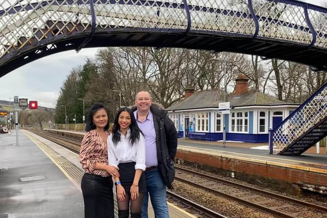 Isara, Mia and Fergus McCallum at Pitlochry station