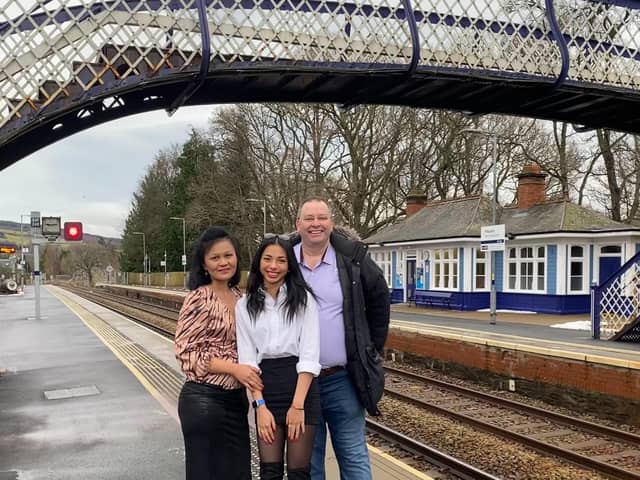 Isara, Mia and Fergus McCallum at Pitlochry station