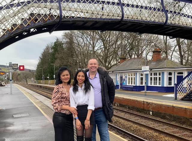 Isara, Mia and Fergus McCallum at Pitlochry station