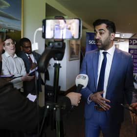 First Minister Humza Yousaf speaks to the media after speaking at the Scottish Council for Development and Industry (SCDI) forum at the Royal Bank of Scotland Business School in Edinburgh.