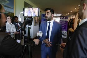 First Minister Humza Yousaf speaks to the media after speaking at the Scottish Council for Development and Industry (SCDI) forum at the Royal Bank of Scotland Business School in Edinburgh.