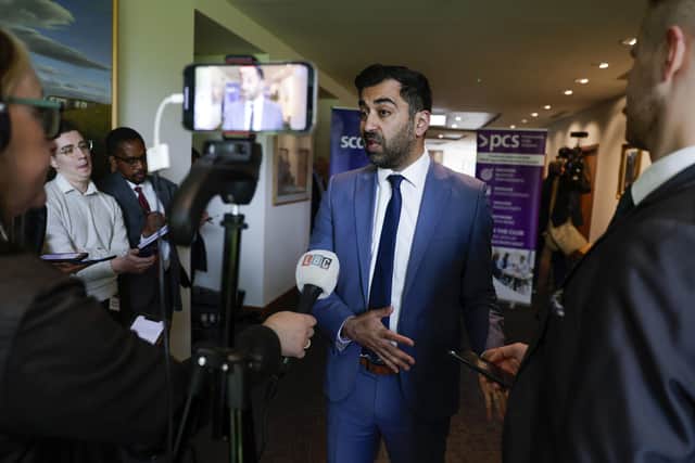 First Minister Humza Yousaf speaks to the media after speaking at the Scottish Council for Development and Industry (SCDI) forum at the Royal Bank of Scotland Business School in Edinburgh.