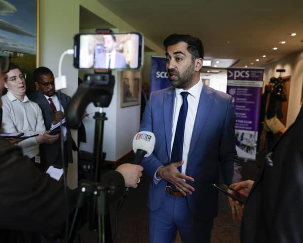 First Minister Humza Yousaf speaks to the media after speaking at the Scottish Council for Development and Industry (SCDI) forum at the Royal Bank of Scotland Business School in Edinburgh.