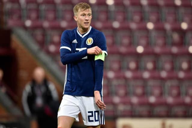 Ross McCrorie in action for Scotland during the UEFA Euro Under-21 qualifier match between Scotland and Lithuania at Tynecastle (Photo by Rob Casey / SNS Group / SFA)