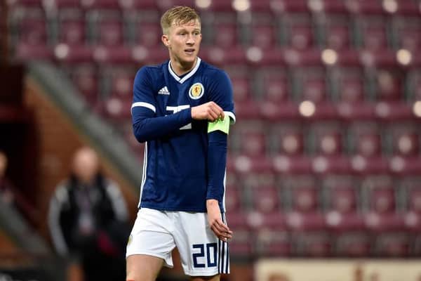 Ross McCrorie in action for Scotland during the UEFA Euro Under-21 qualifier match between Scotland and Lithuania at Tynecastle  (Photo by Rob Casey / SNS Group / SFA)