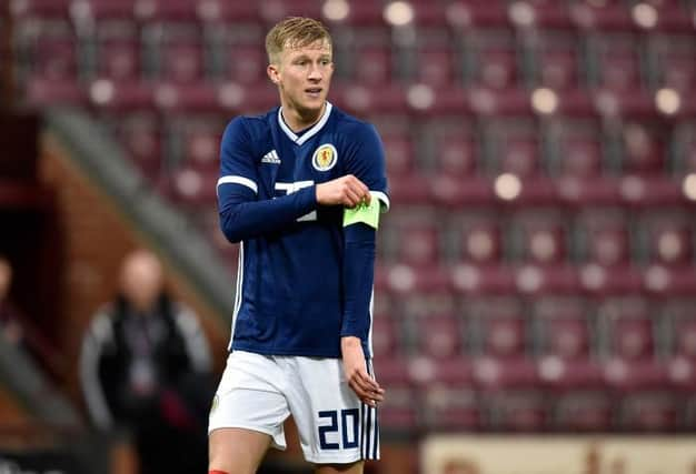 Ross McCrorie in action for Scotland during the UEFA Euro Under-21 qualifier match between Scotland and Lithuania at Tynecastle  (Photo by Rob Casey / SNS Group / SFA)