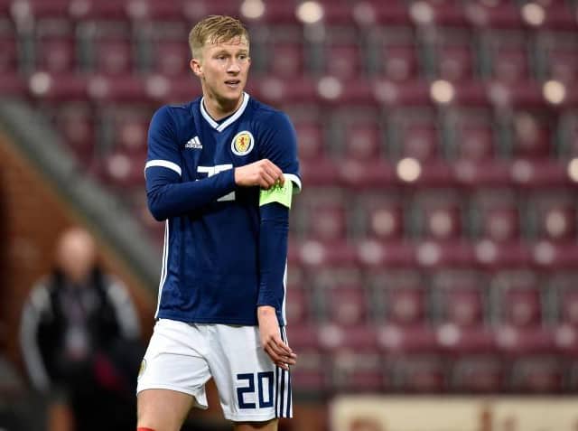 Ross McCrorie in action for Scotland during the UEFA Euro Under-21 qualifier match between Scotland and Lithuania at Tynecastle  (Photo by Rob Casey / SNS Group / SFA)